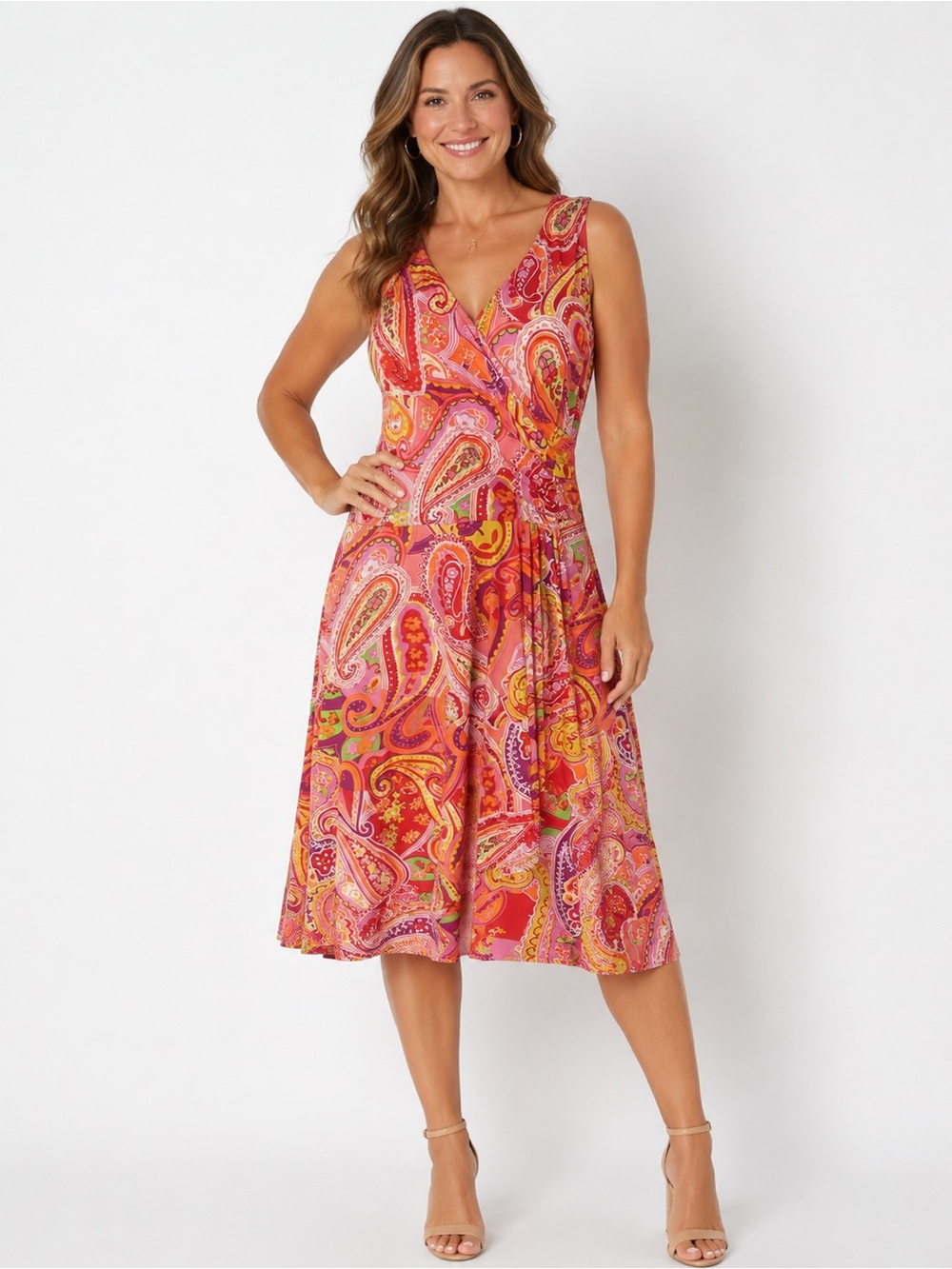 Chaps paisley faux wrap dress knee length medium